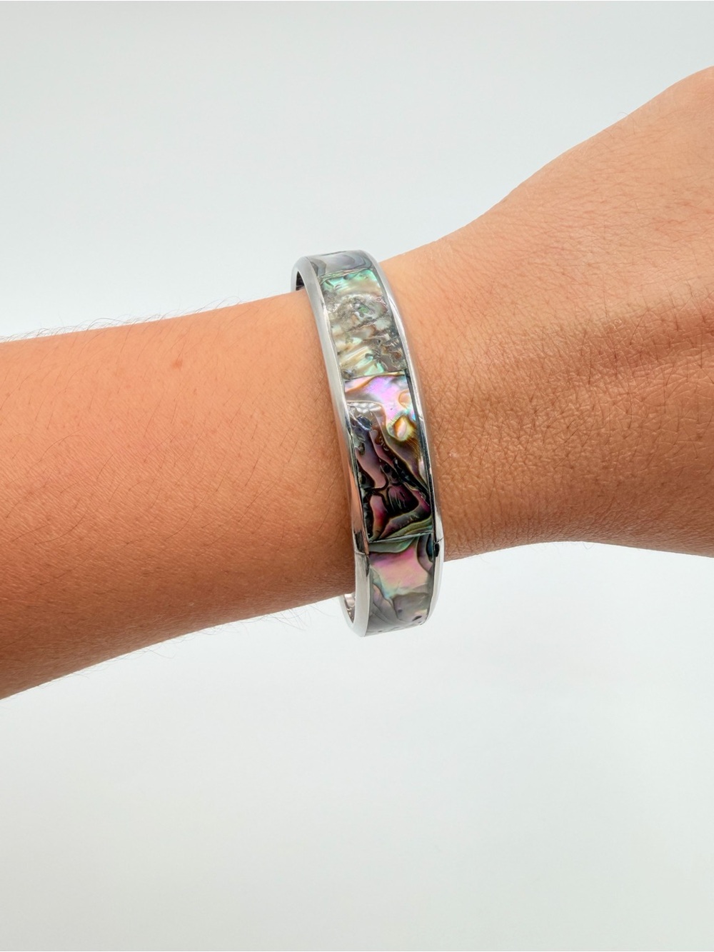 Abalone Shell Inlay Silver Tone Hinged Bangle Bracelet
